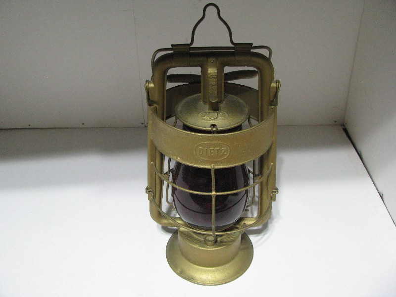 Vintage Fire Dietz Kerosene Lantern with Red Glass Globe - Gold Painted Finish