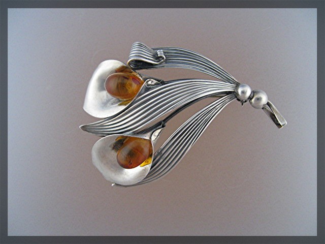 Baltic Amber Sterling Silver Norway Signed Brooch