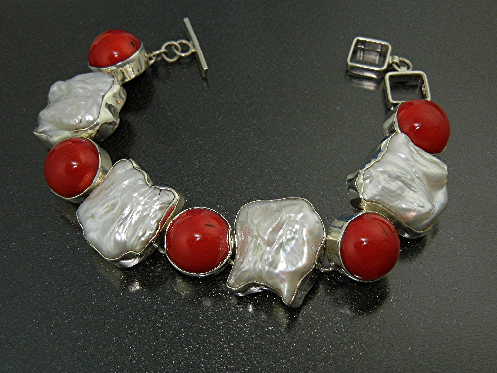 Bracelet Sterling Silver Coral Pearl Toggle Clasp