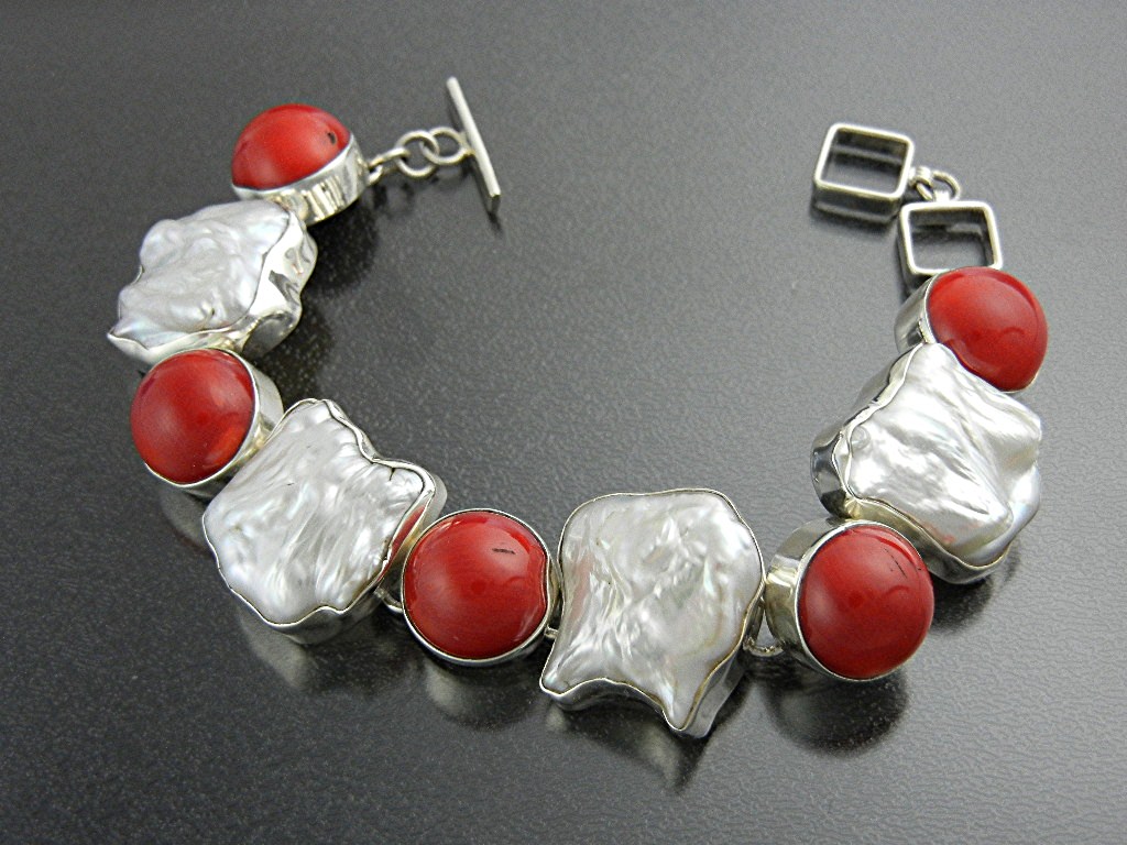 Bracelet Sterling Silver Coral Pearl Toggle Clasp