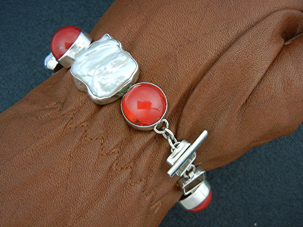 Bracelet Sterling Silver Coral Pearl Toggle Clasp