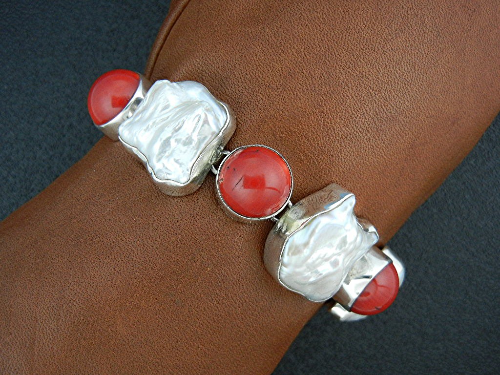 Bracelet Sterling Silver Coral Pearl Toggle Clasp
