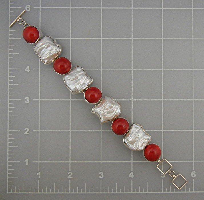 Bracelet Sterling Silver Coral Pearl Toggle Clasp