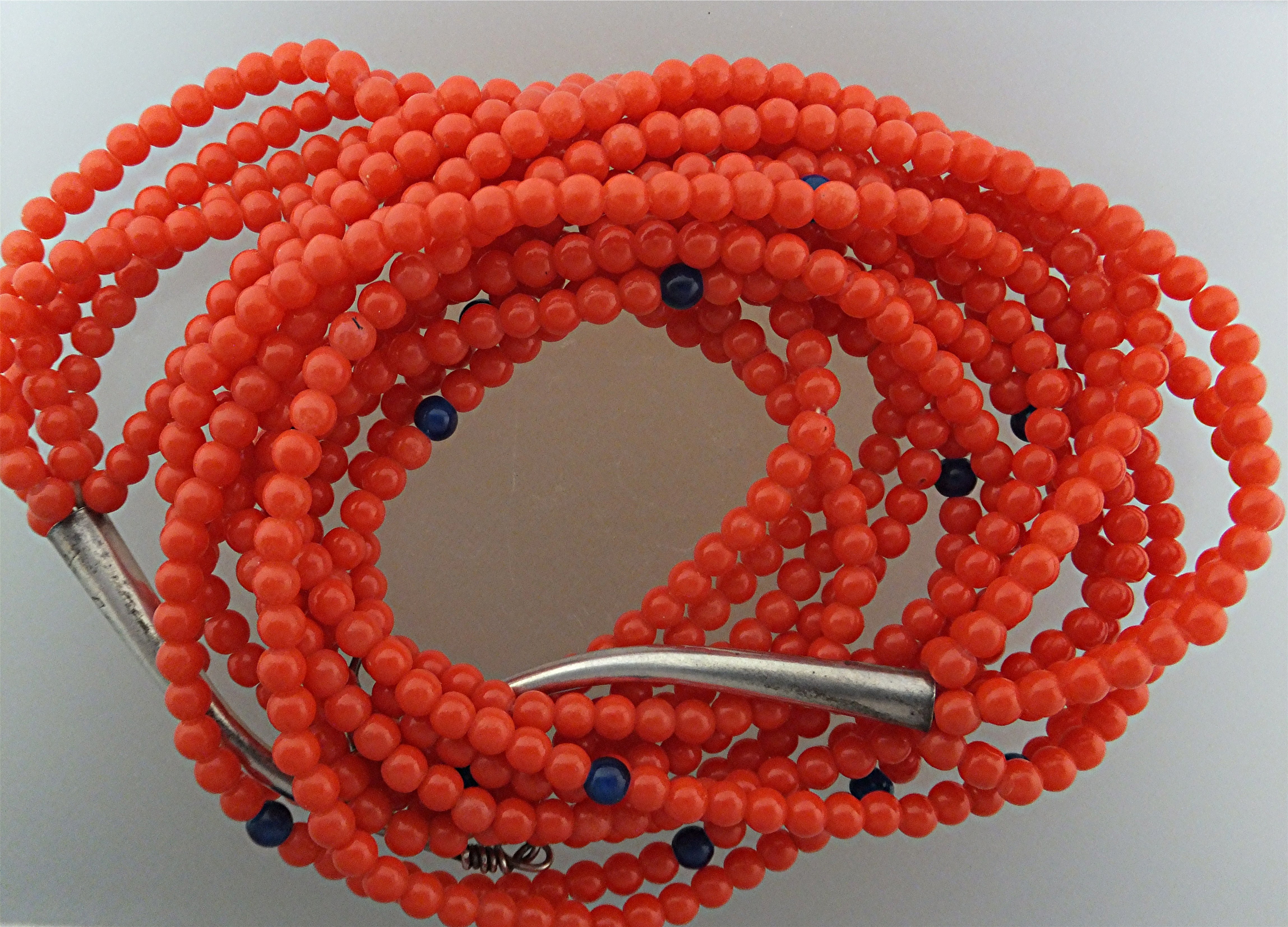 Native American Coral 4 Strands Sterling Silver Necklac