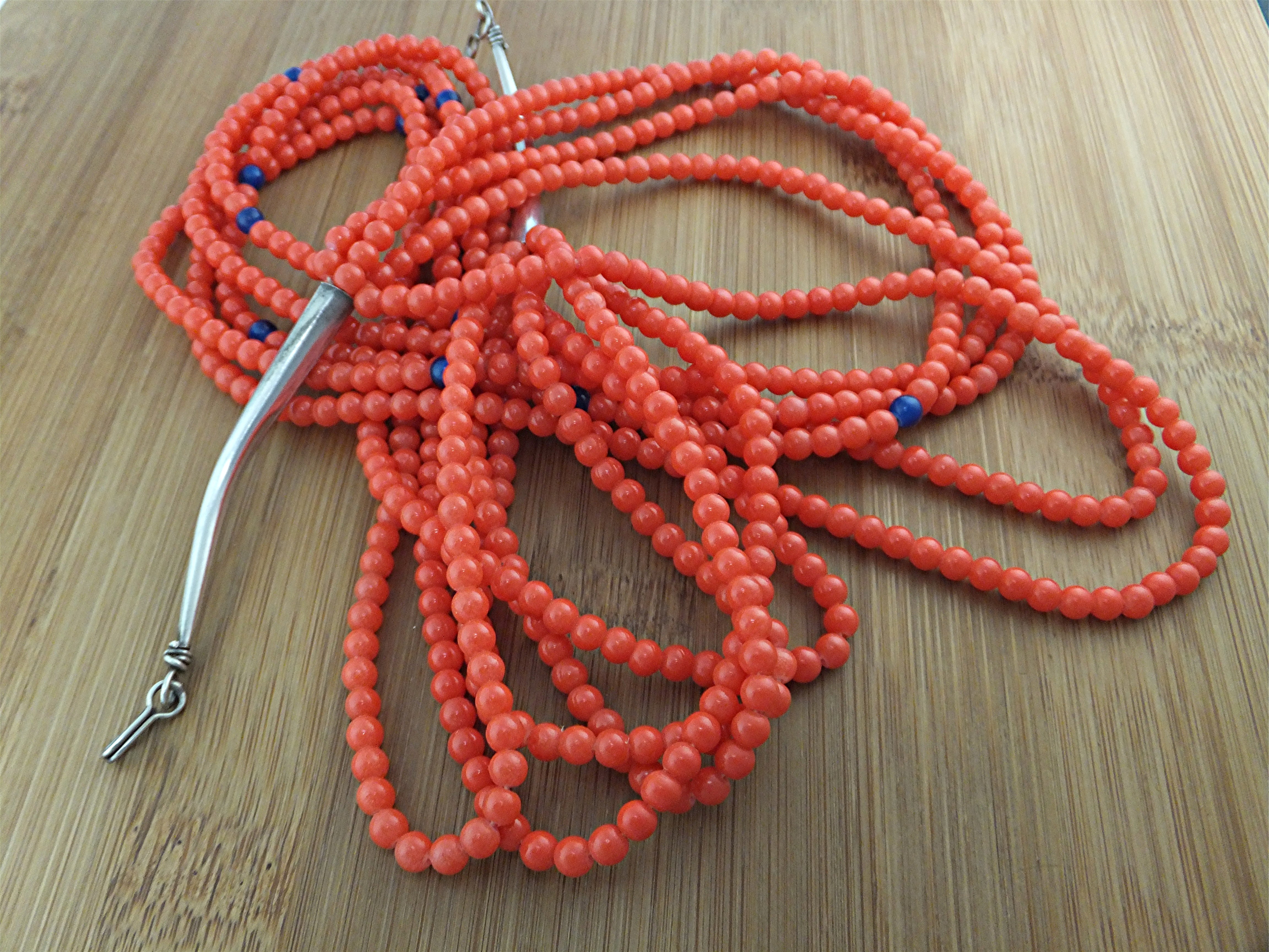 Native American Coral 4 Strands Sterling Silver Necklac