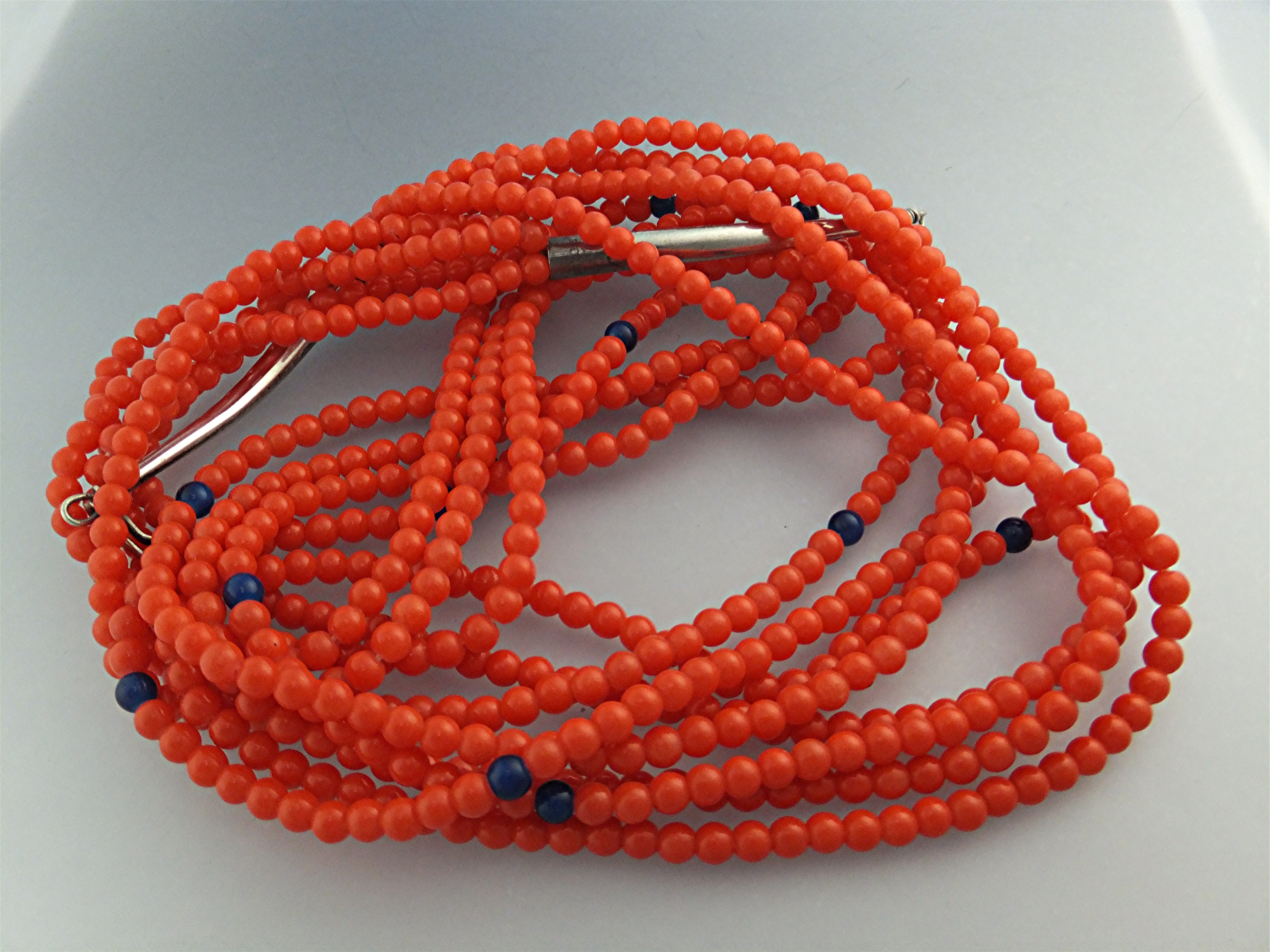 Native American Coral 4 Strands Sterling Silver Necklac