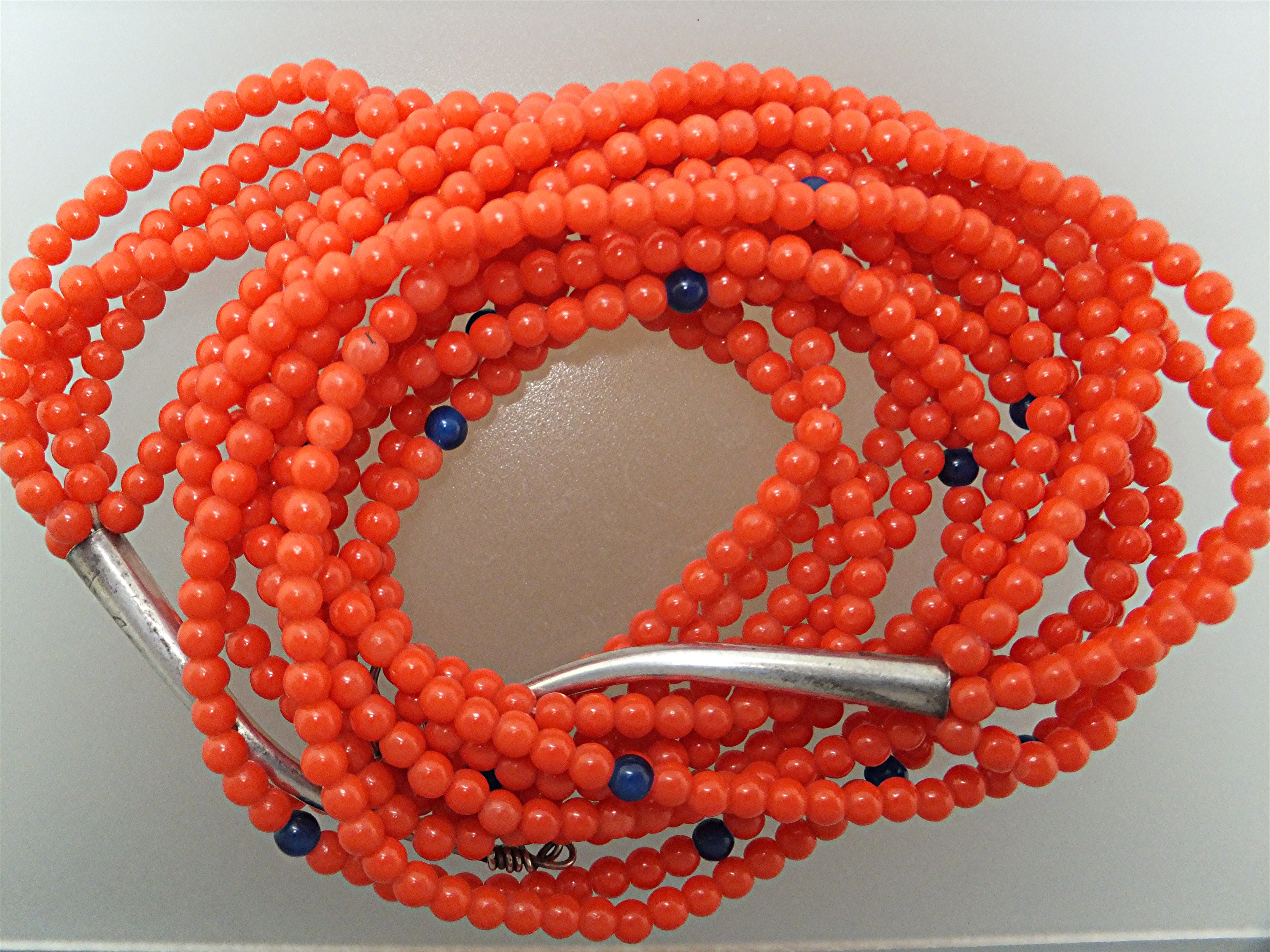 Native American Coral 4 Strands Sterling Silver Necklac