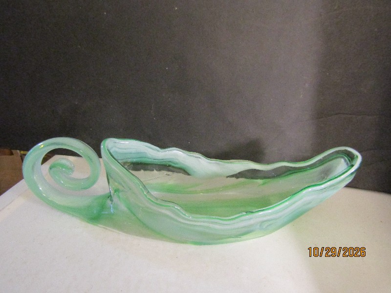 Vintage Green and White Swirl Slag Art Glass Scroll Handle Boat Bowl