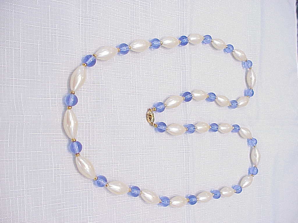 Blue Glass Bead And Pearl Necklace Signed Monet