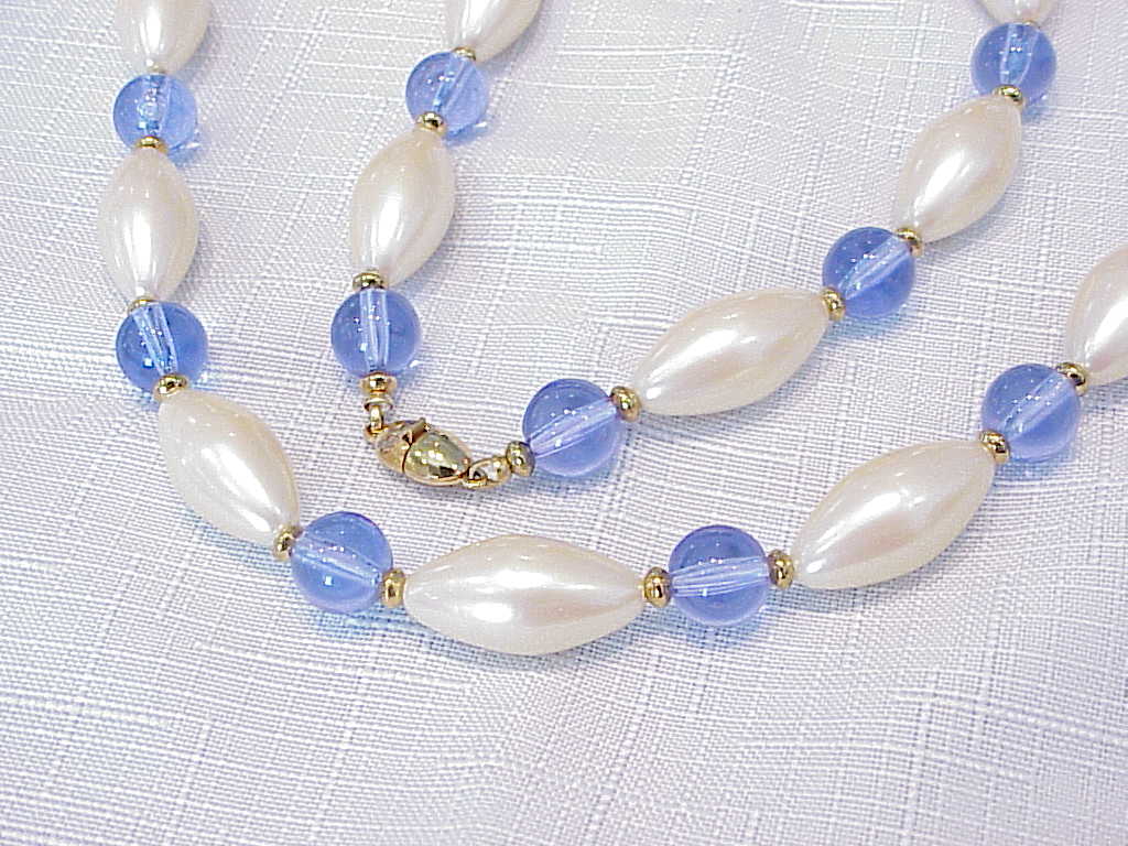 Blue Glass Bead And Pearl Necklace Signed Monet