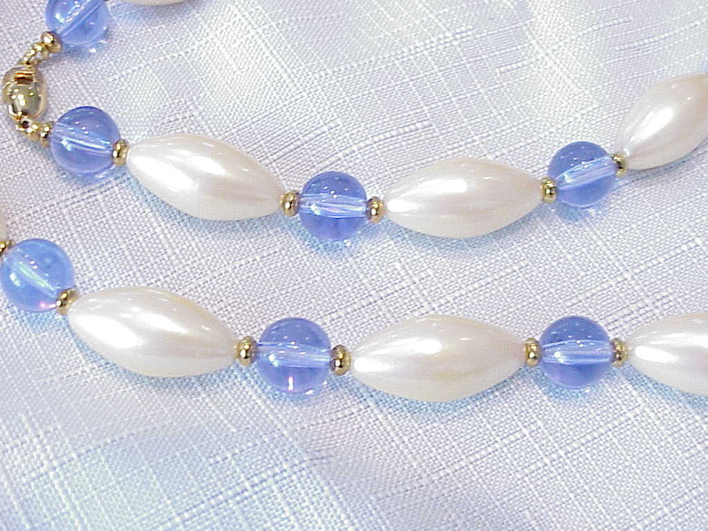 Blue Glass Bead And Pearl Necklace Signed Monet