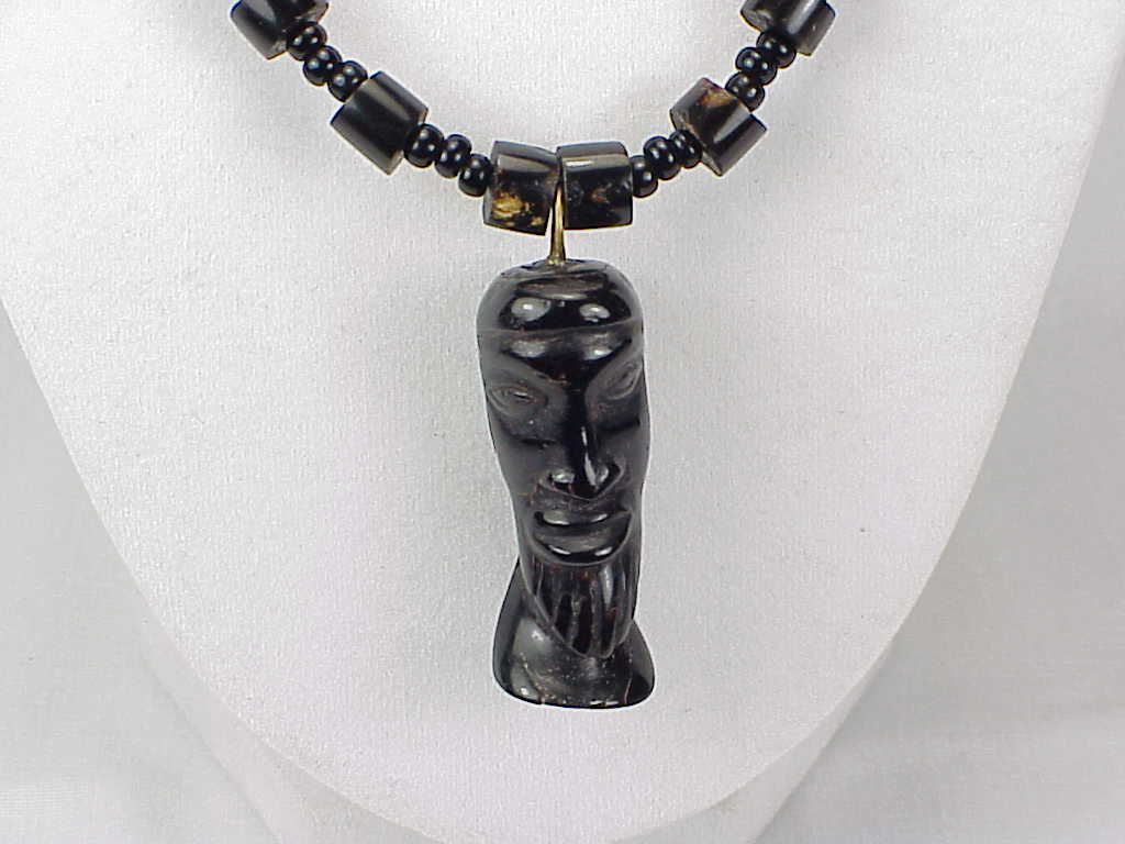 Black Coral And Black Glass Bead Necklace With Carved Coral Pendant