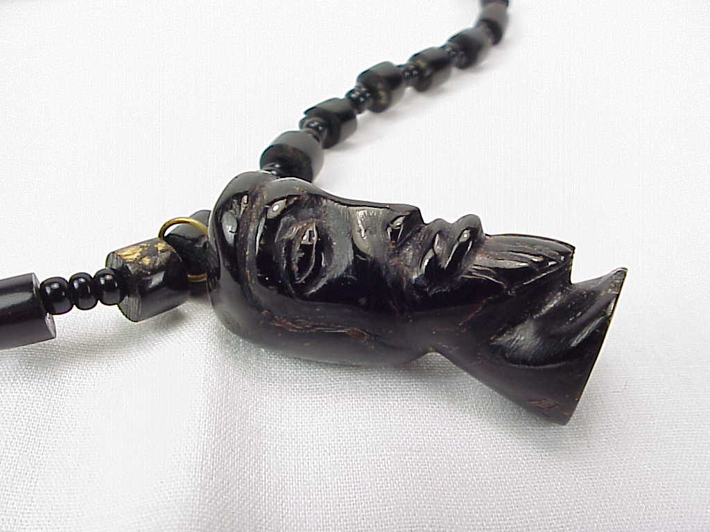 Black Coral And Black Glass Bead Necklace With Carved Coral Pendant
