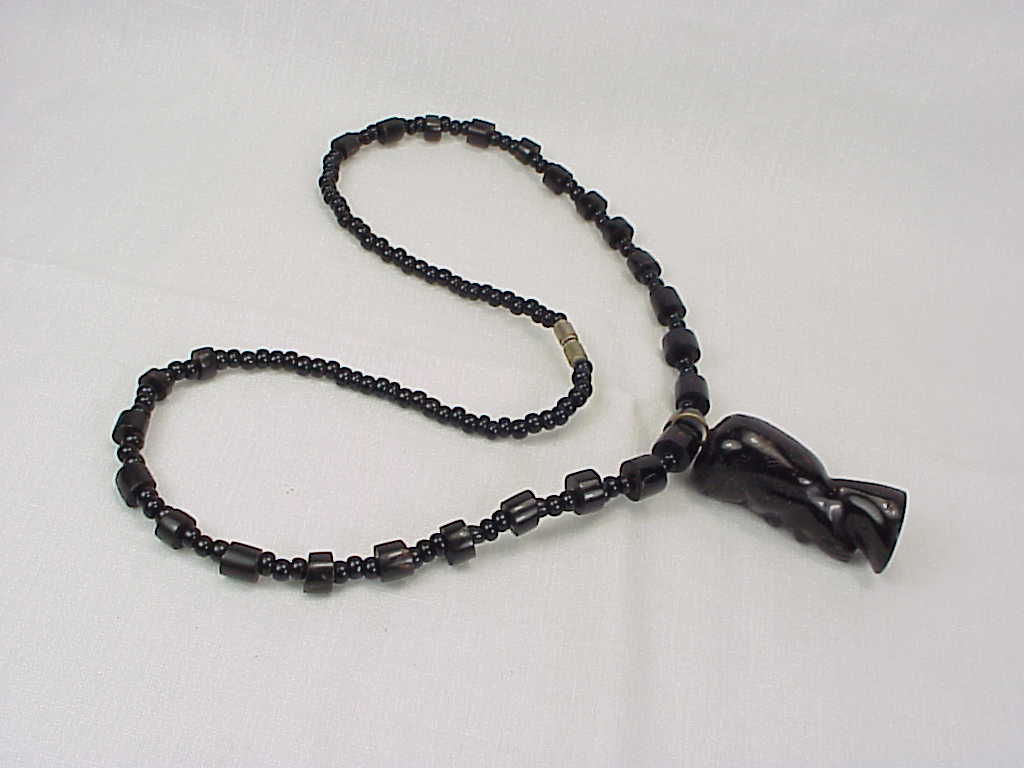 Black Coral And Black Glass Bead Necklace With Carved Coral Pendant