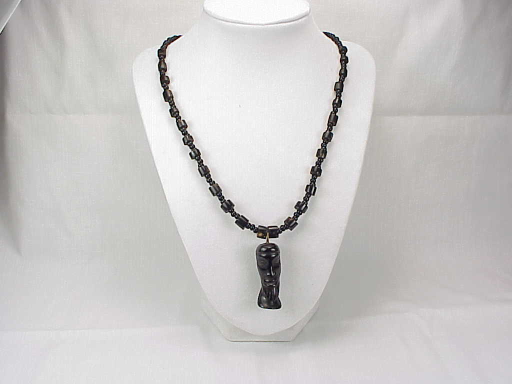 Black Coral And Black Glass Bead Necklace With Carved Coral Pendant