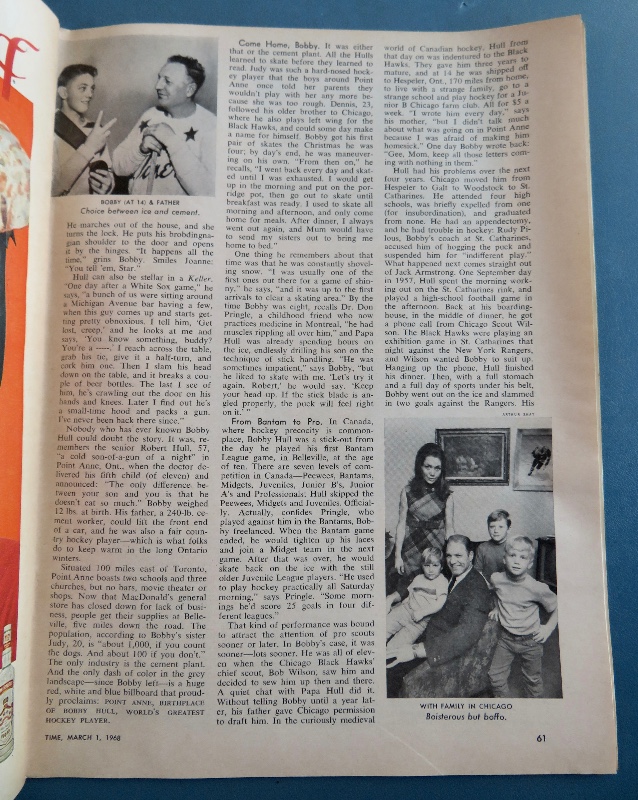 Time Magazine March 1, 1968 Chicago's Bobby Hull