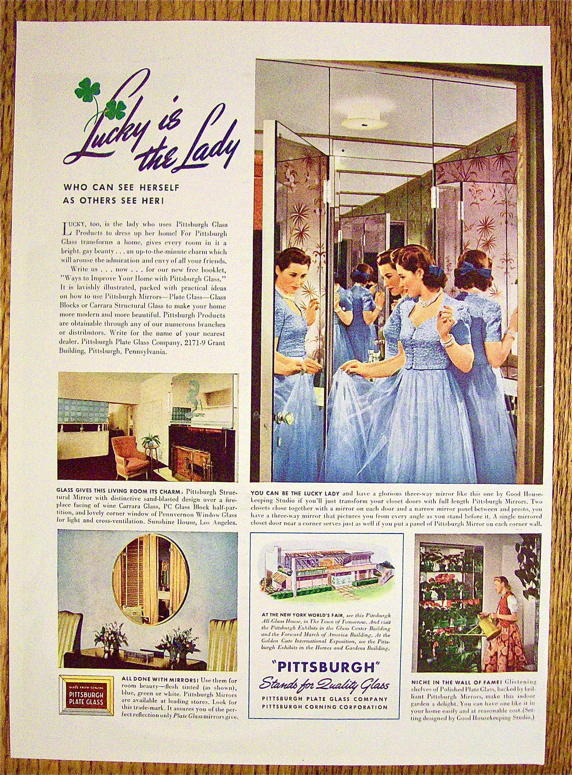 1939 Pittsburgh Plate Glass w/ Woman Looking In Mirror
