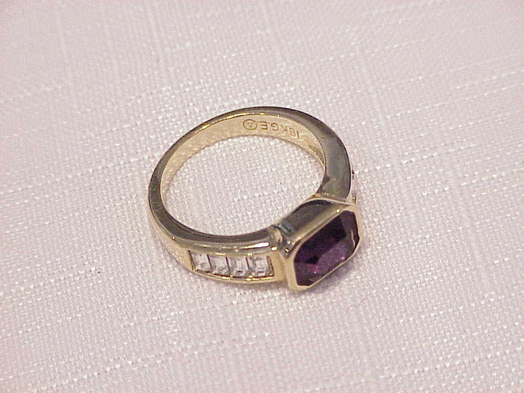 18k Gold Electroplate Amethyst And Clear Rhinestone Ring