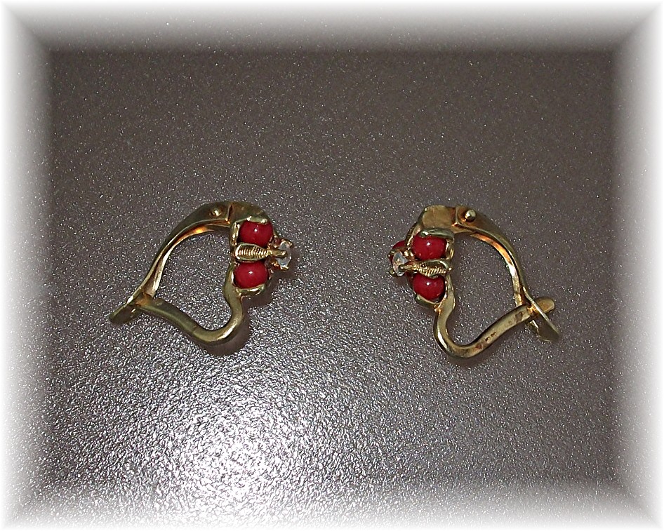 14K Gold Coral and Diamond French Clip Earrings