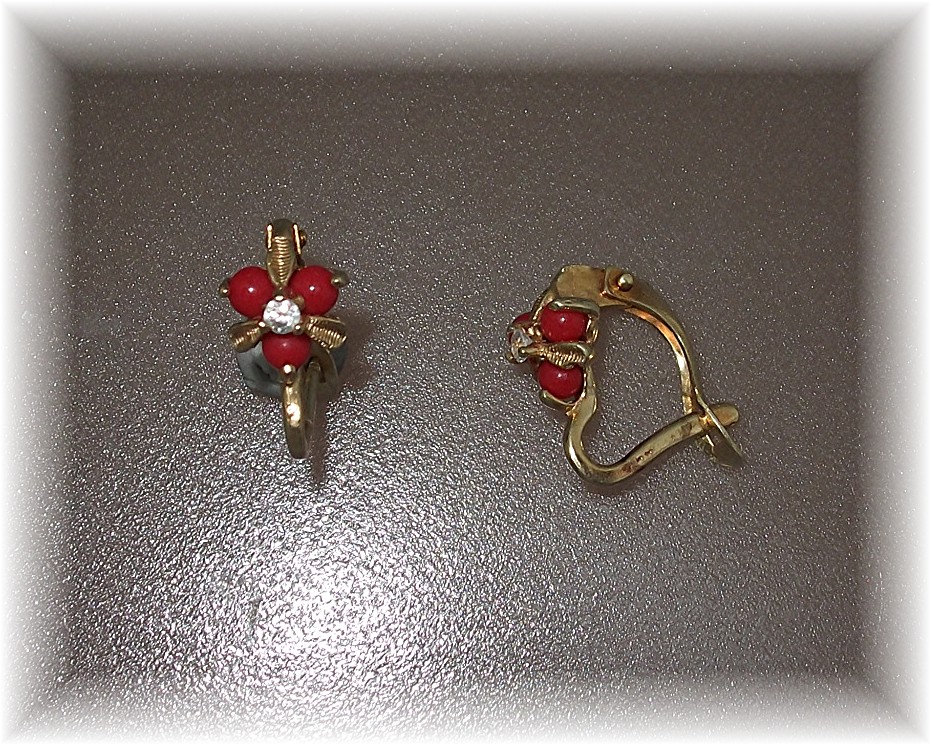 14K Gold Coral and Diamond French Clip Earrings