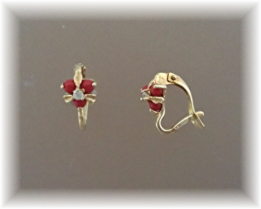 14K Gold Coral and Diamond French Clip Earrings