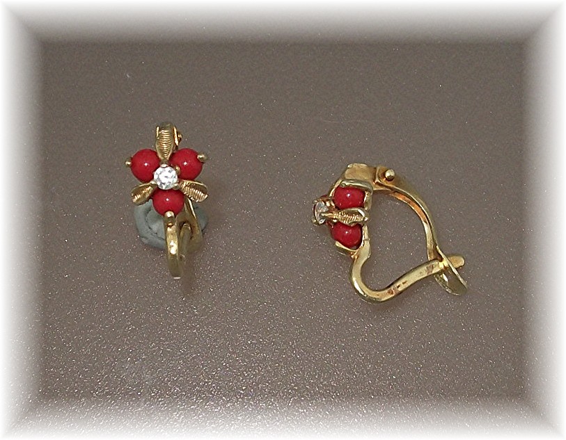 14K Gold Coral and Diamond French Clip Earrings