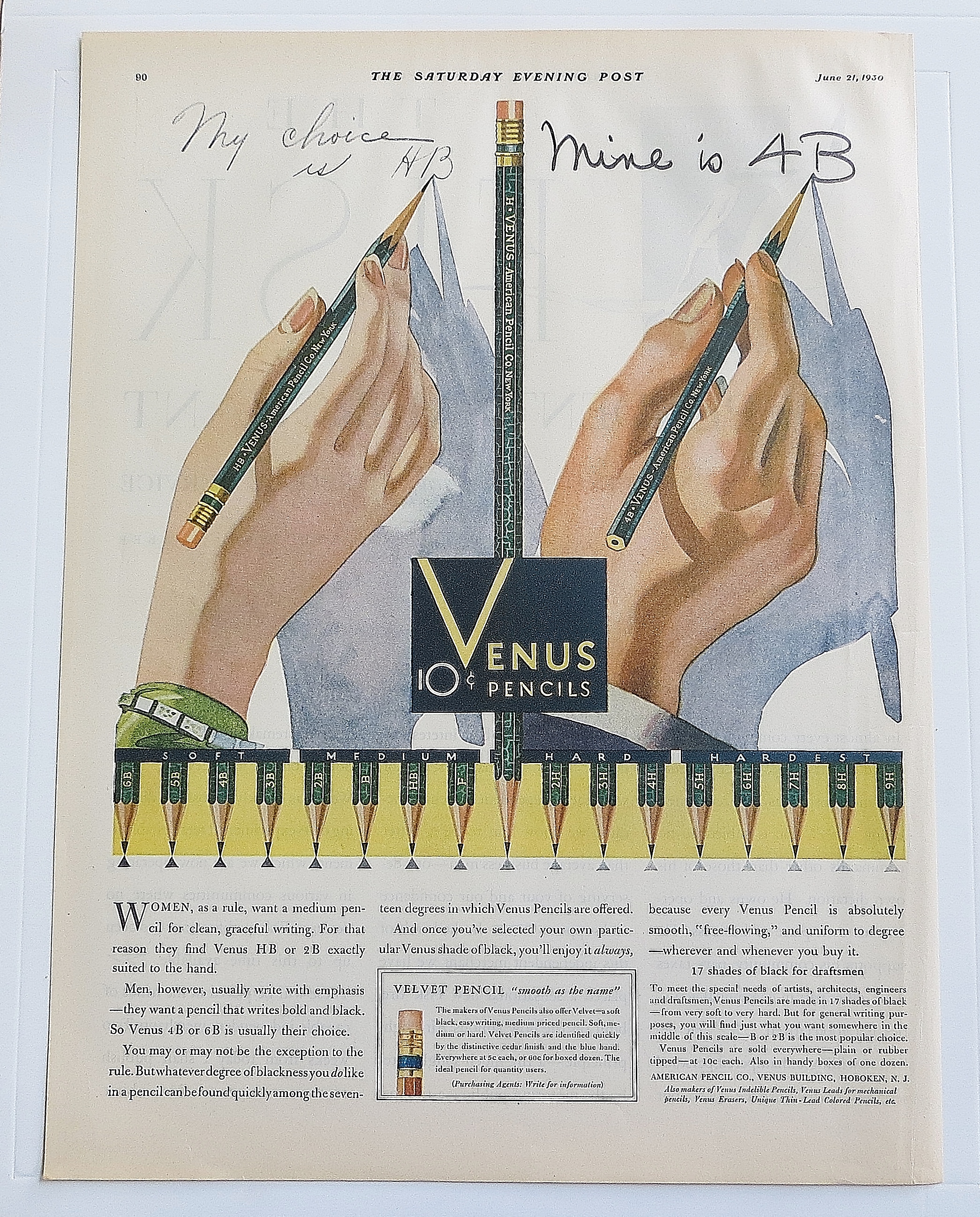1930 Venus Pencils With Hands Writing