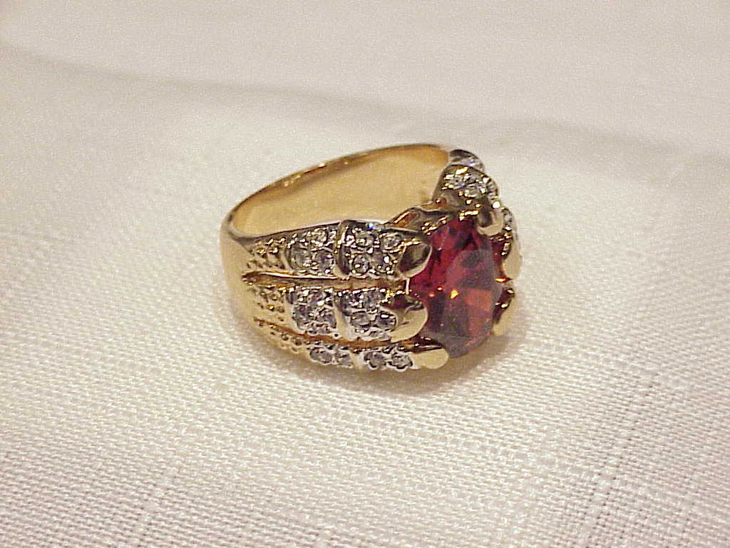 Faux Garnet And Clear Rhinestone Gold Tone Ring