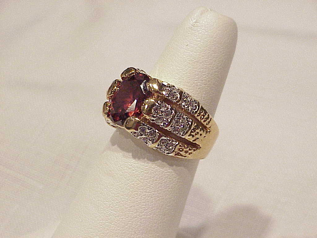 Faux Garnet And Clear Rhinestone Gold Tone Ring