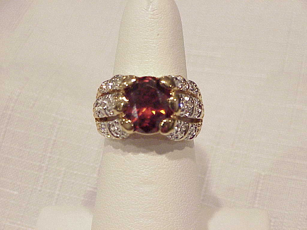 Faux Garnet And Clear Rhinestone Gold Tone Ring