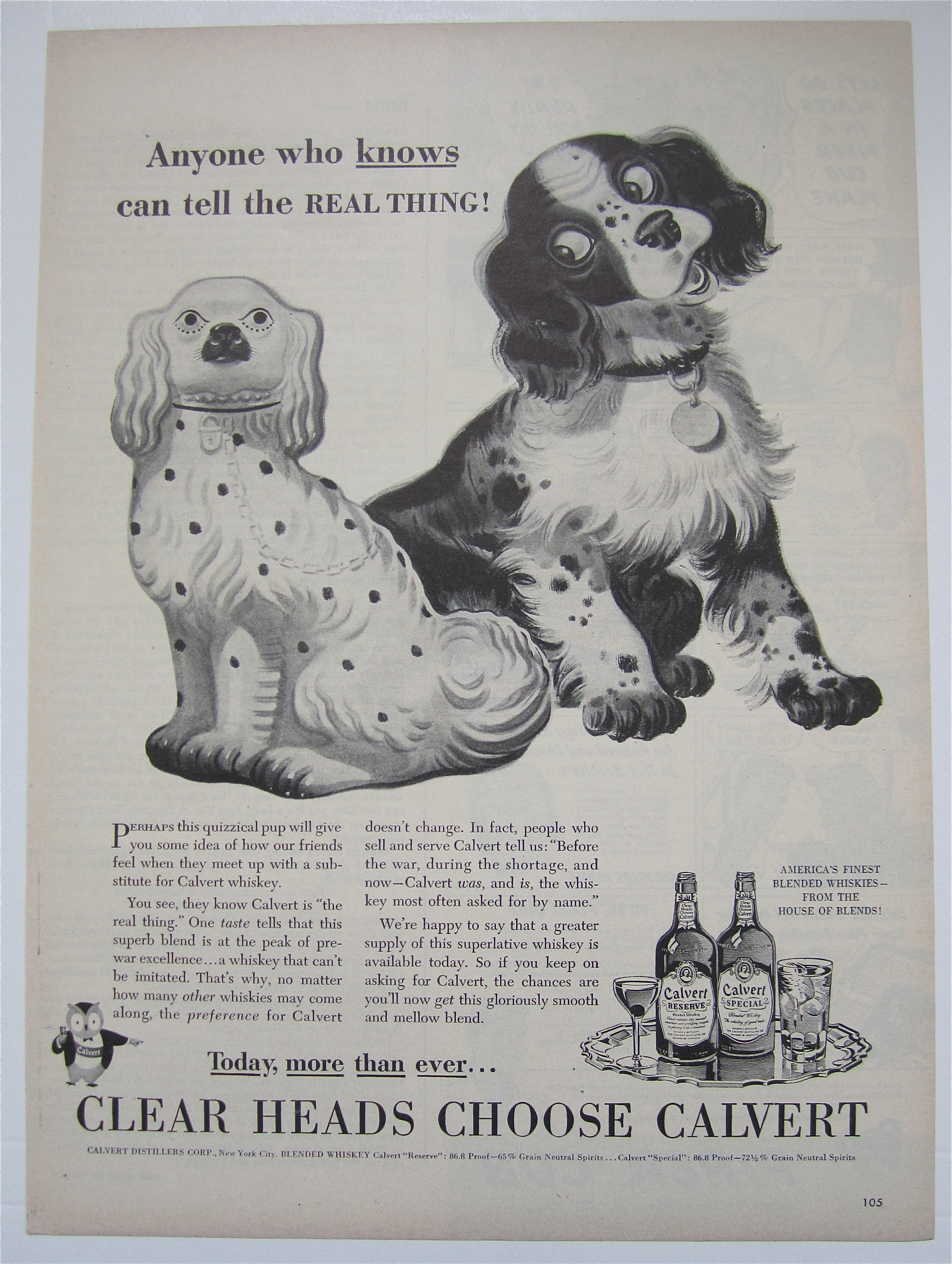1944 Calvert Whiskey with Dog Looking at Dog Statue