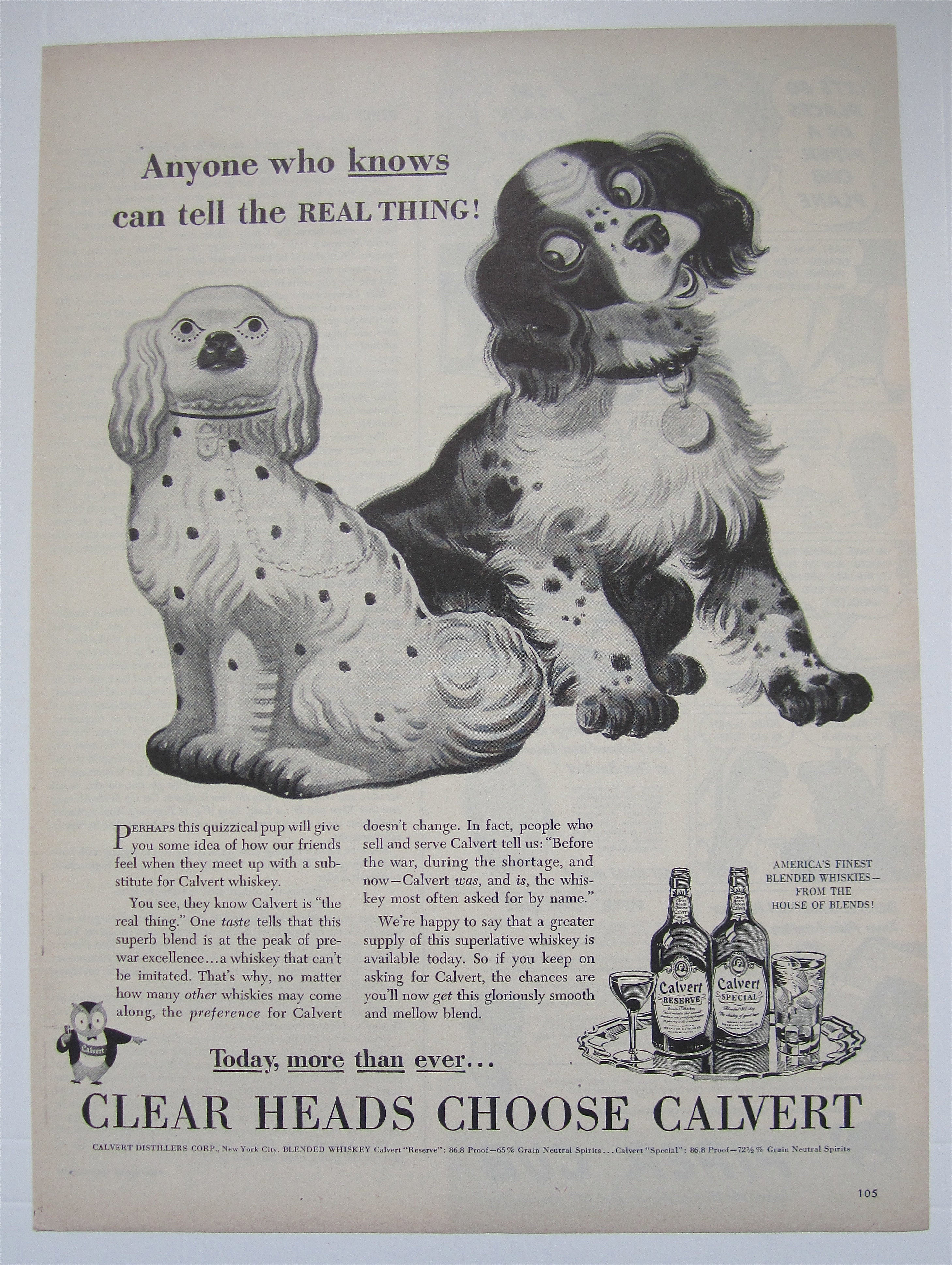 1944 Calvert Whiskey with Dog Looking at Dog Statue