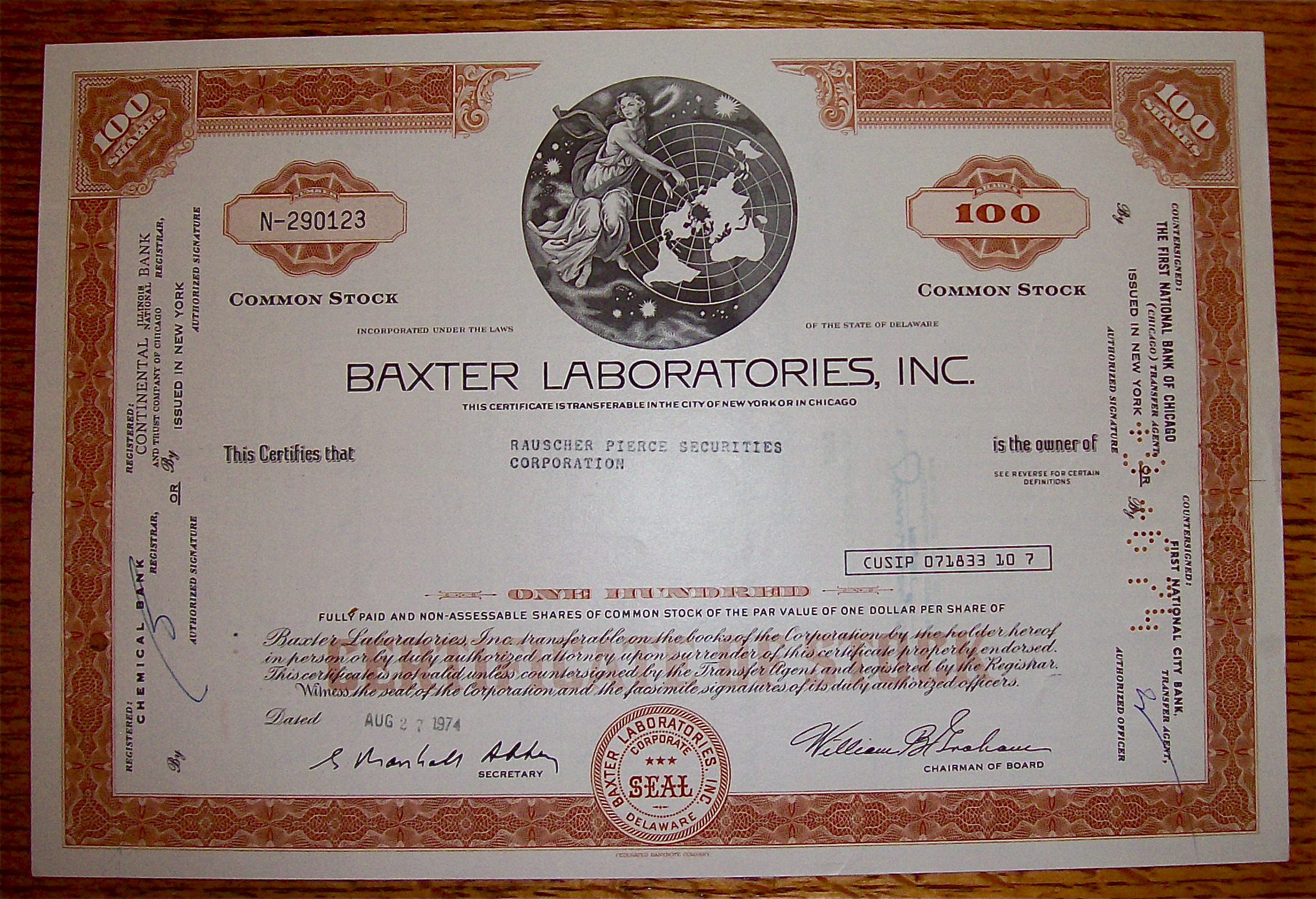 1974 Baxter Laboratories Incorporated Stock Certificate