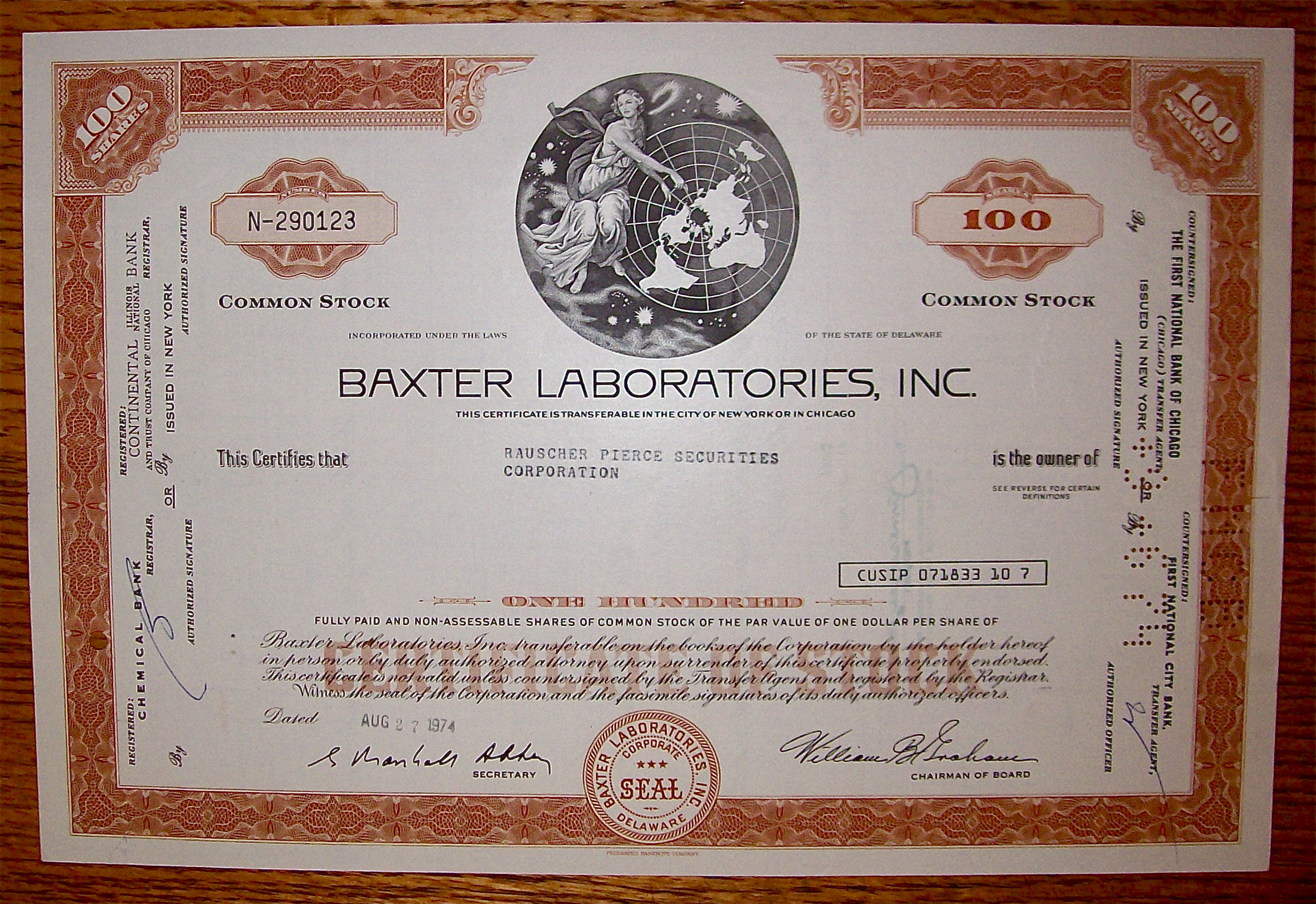 1974 Baxter Laboratories Incorporated Stock Certificate