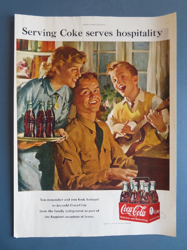 1951 Coca Cola (Coke) with Soldier Playing Piano while a boy plays guitar & woman holds a tray with bottles of Coke