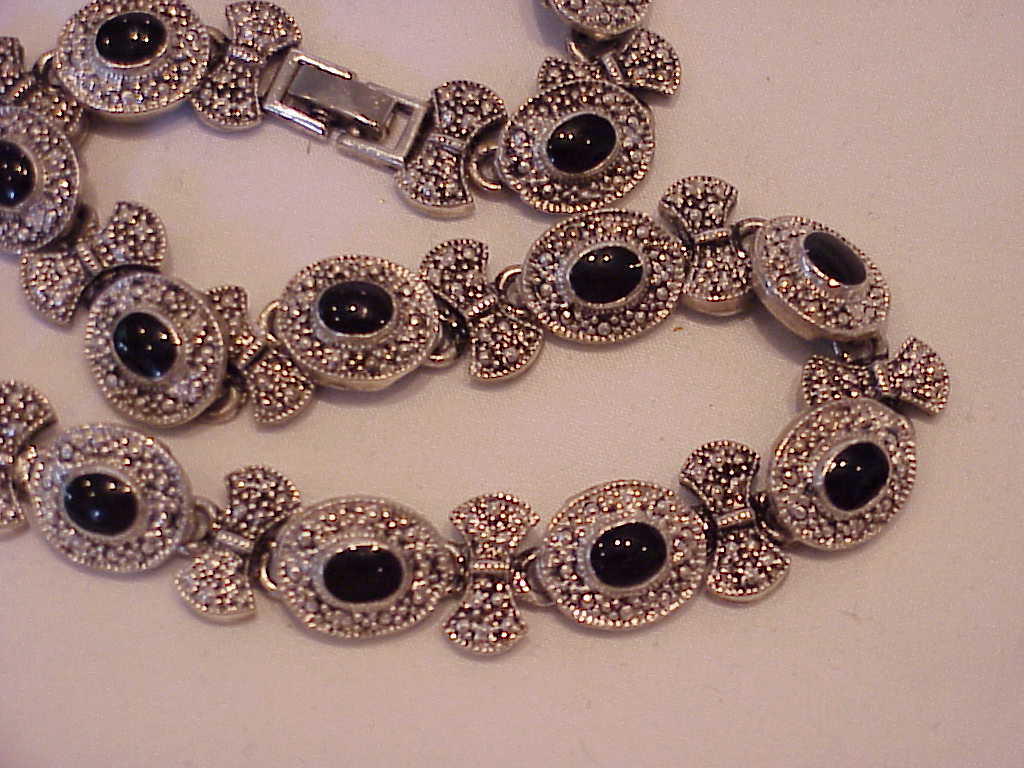 Marcasite And Black Enamel Cabachon Choker Necklace
