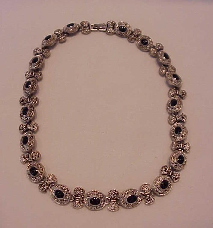 Marcasite And Black Enamel Cabachon Choker Necklace