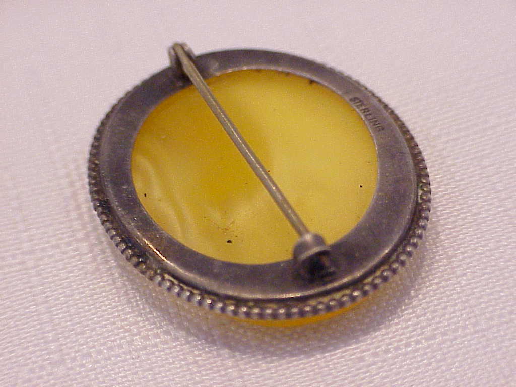 Antique Victorian Edwardian Sterling Silver Yellow Glass Brooch