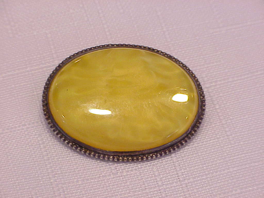 Antique Victorian Edwardian Sterling Silver Yellow Glass Brooch
