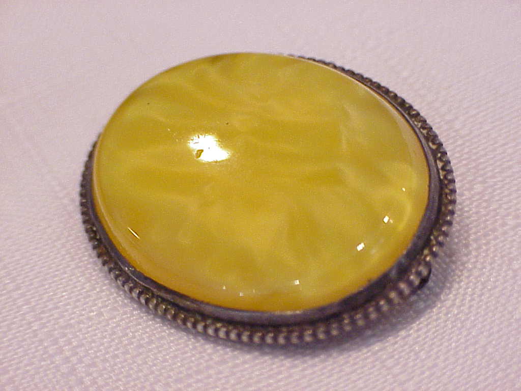 Antique Victorian Edwardian Sterling Silver Yellow Glass Brooch
