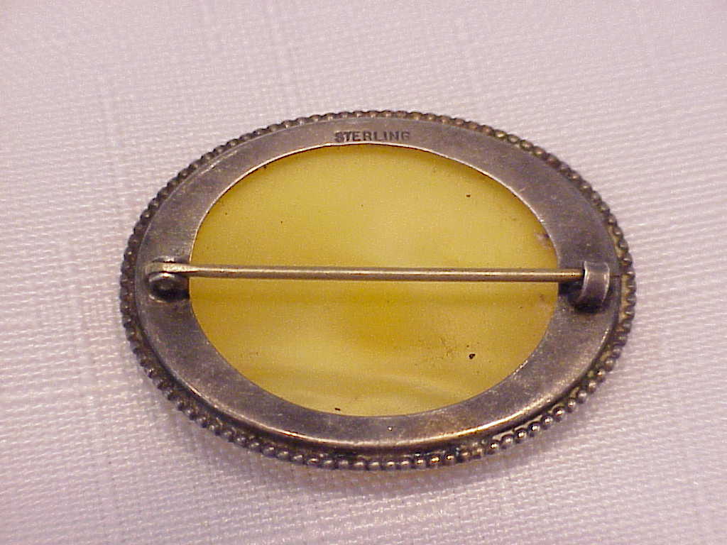 Antique Victorian Edwardian Sterling Silver Yellow Glass Brooch