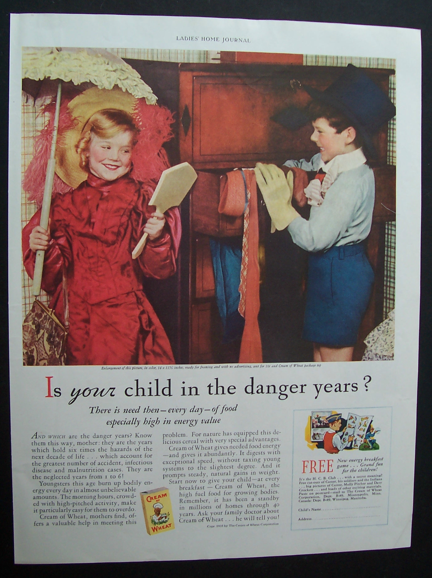 1935 Cream Of Wheat Cereal with Girl & Boy Playing
