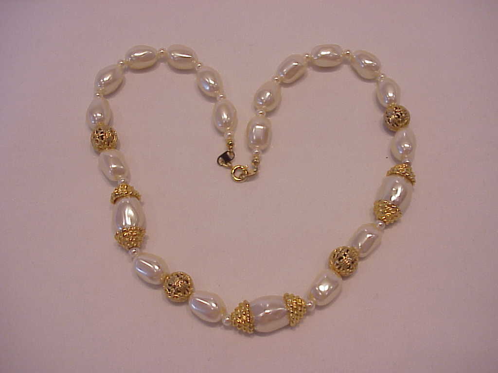 Baroque Pearl And Gold Tone Filigree Bead Necklace Signed TN