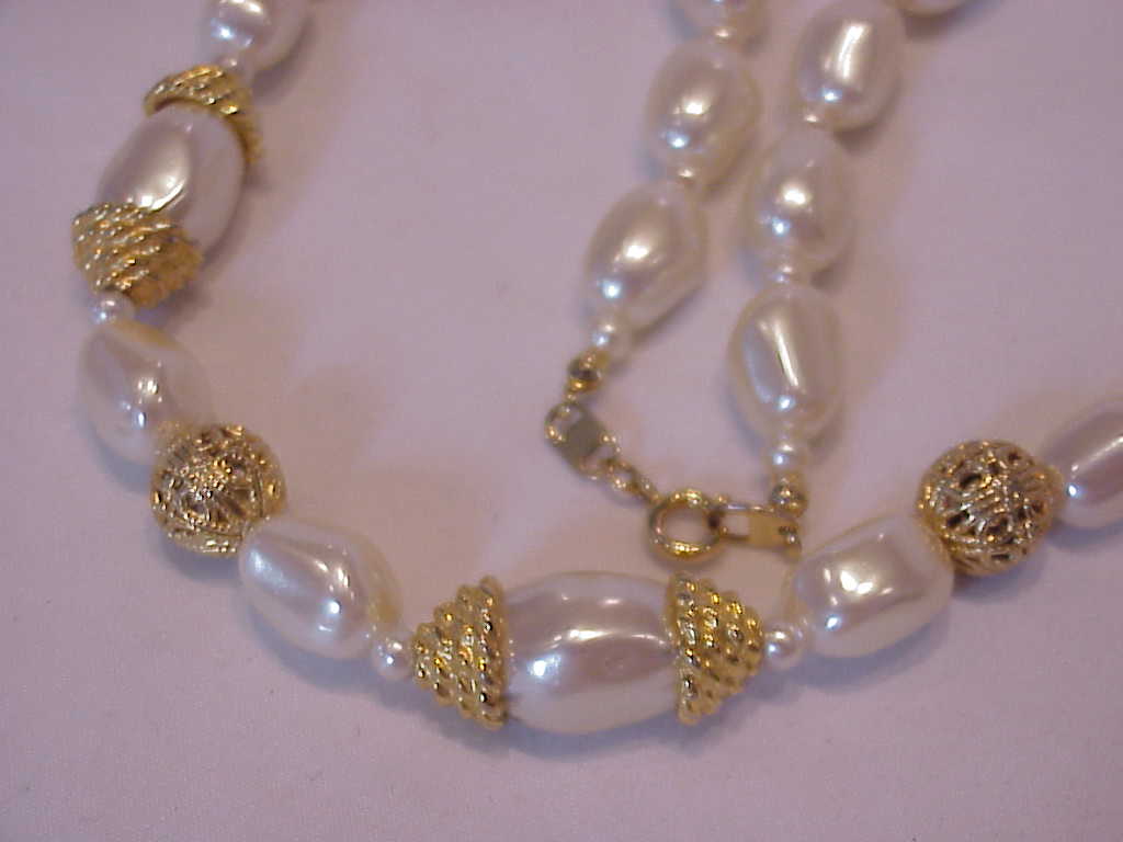 Baroque Pearl And Gold Tone Filigree Bead Necklace Signed TN