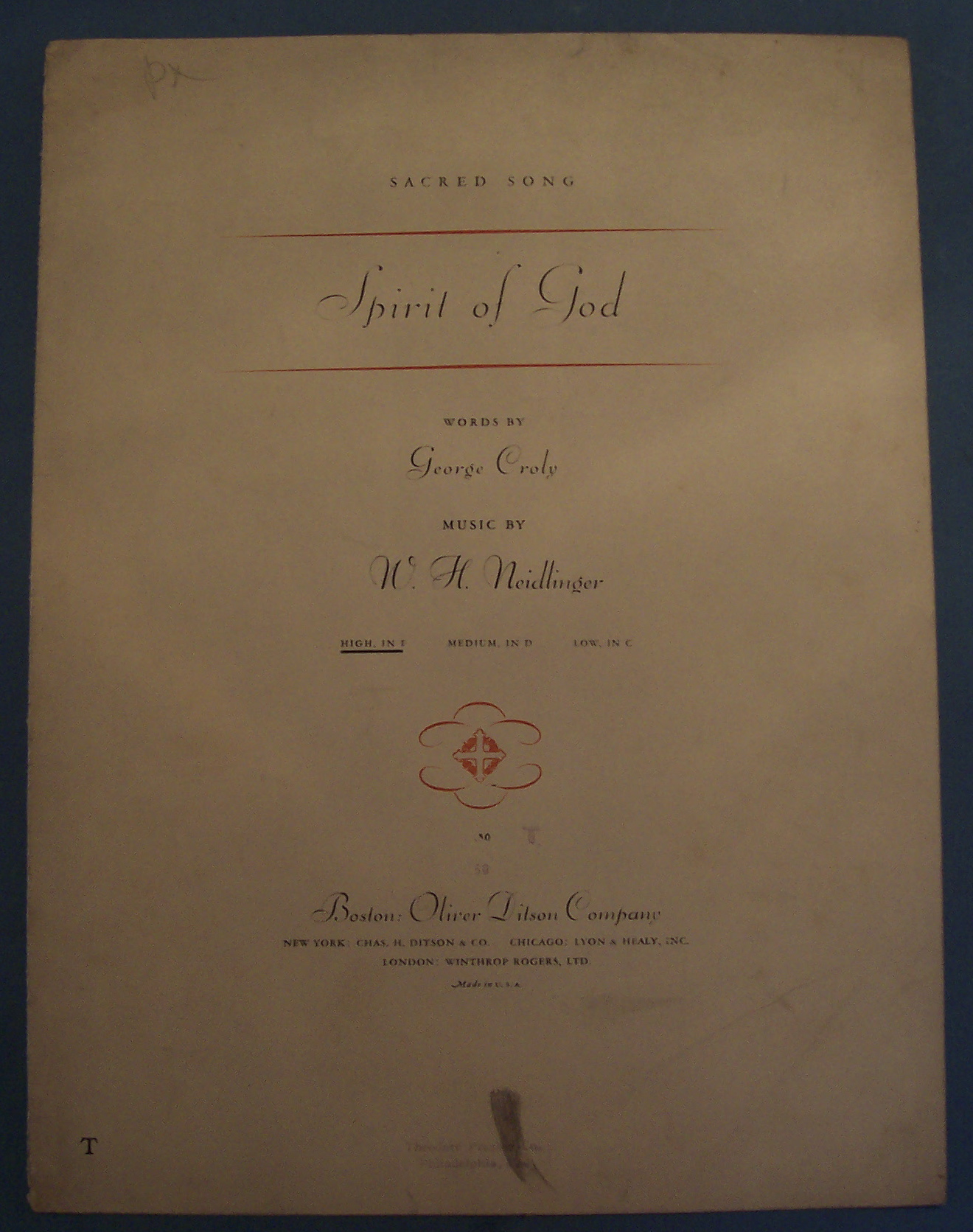 Sheet Music For 1907 Spirit Of God
