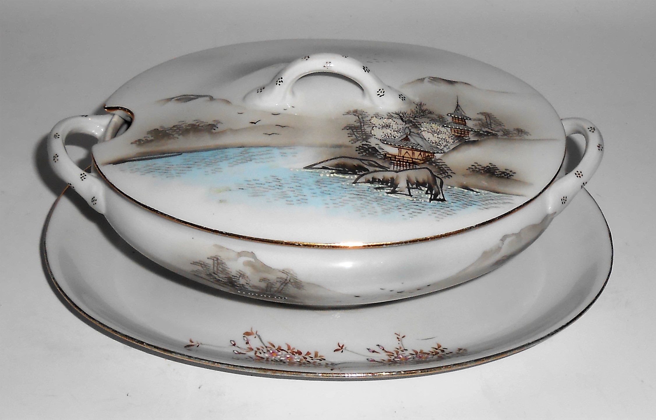 Kutani China Porcelain Pagoda Mountain Birds River Gra