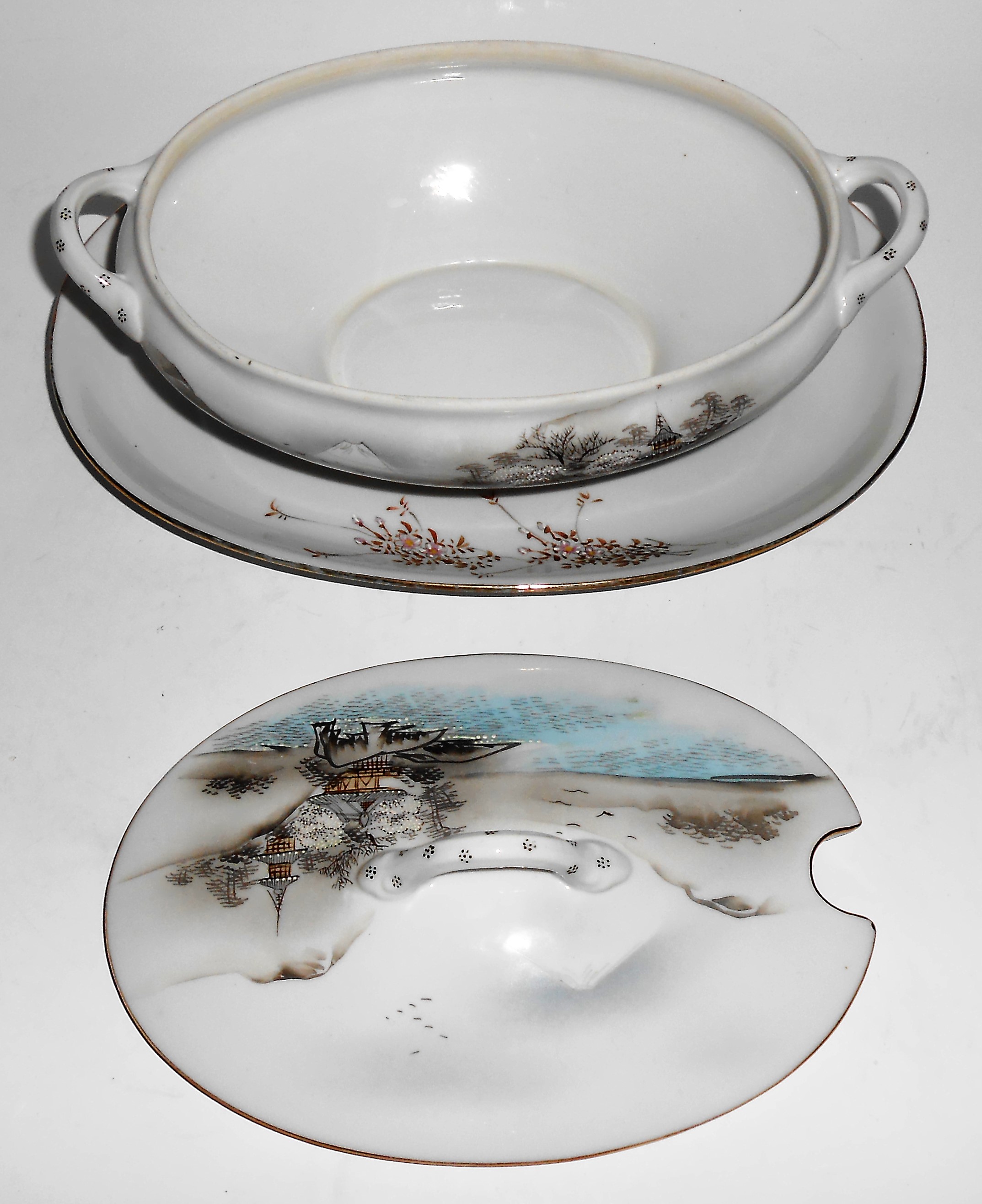 Kutani China Porcelain Pagoda Mountain Birds River Gra