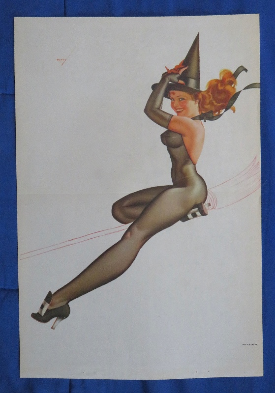 Original 1945 Sexy Halloween Pin Up Girl Wearing A Black Bodysuit Wearing A Witch's Hat While On A Broom By George Petty