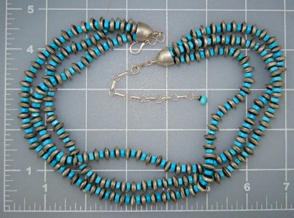 Navajo Pearls Sterling Silver Kingman Turquoise 3 Stran