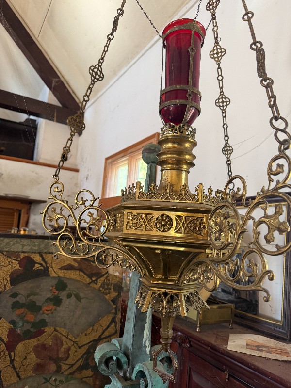 Antique Gothic Revival Brass Hanging Sanctuary Lamp with Red Glass Insert